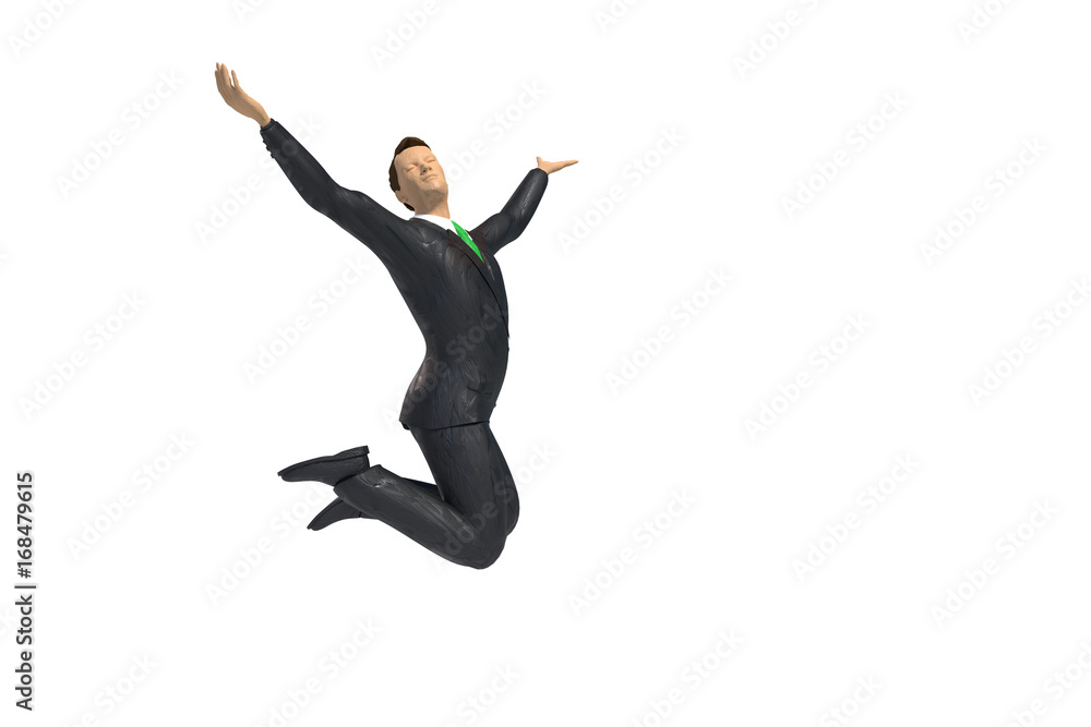 toy miniature businessman figurine is jumping for joy and happiness, concept isolated on white background