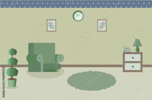 A cute living room.A lamp. An armchair. A carpet. A plant. A table. A lamp. A clock. Paintings. A green background. Vector illustration. 