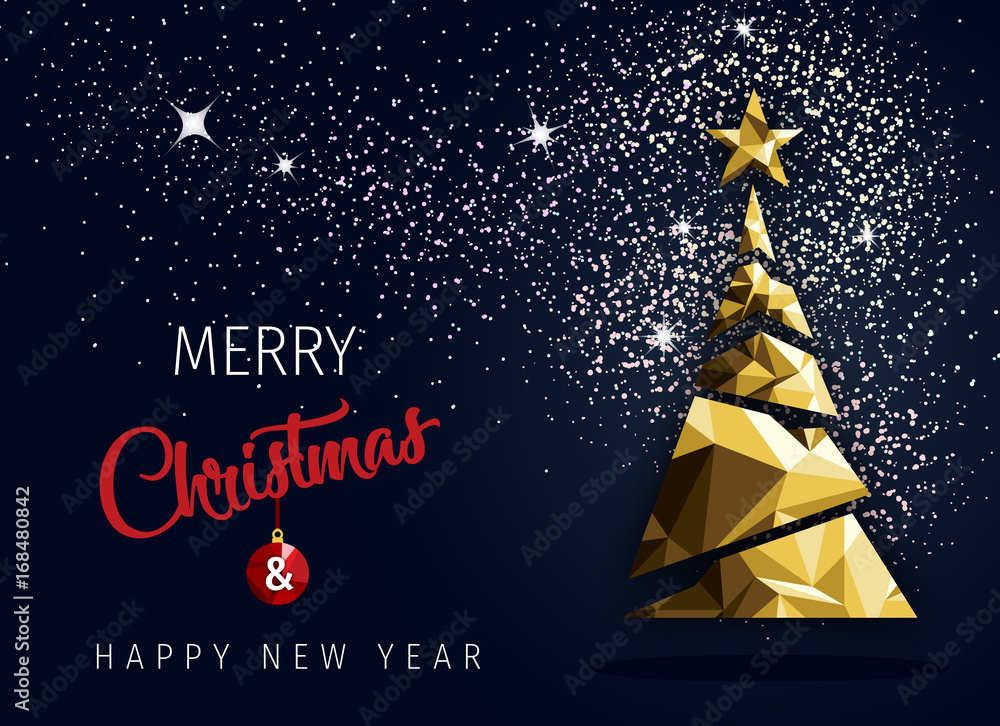 Naklejka premium Merry christmas happy new year golden triangle tree low poly. christmas tree, design, vector illustration. Creative Christmas tree.