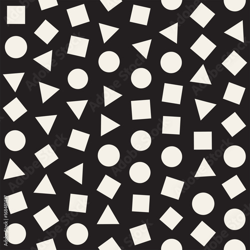 Seamless primitive jumble minimalism patterns. Randomly scattered geometric shapes. Abstract background design