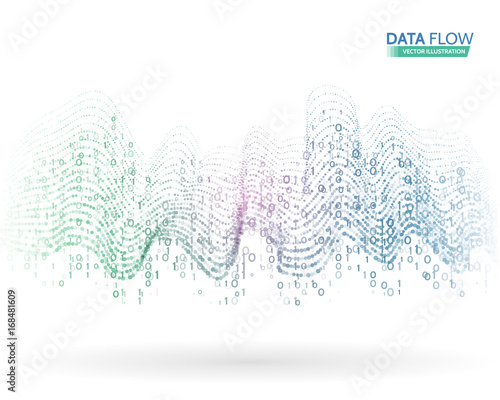 Abstract data flow background with binary code. Dynamic waves technology concept.  Vector illustration information stream.