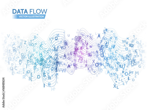 Dynamic waves technology concept. Abstract data flow background with letters code.  Stream information.