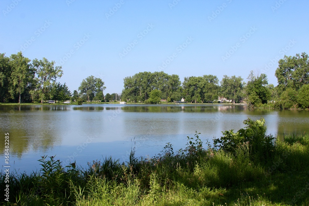 A view of the lake from the grassy lakeshore.