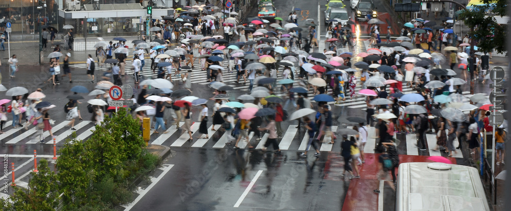 日本の東京都市景観・雨・渋谷駅前のスクランブル交差点