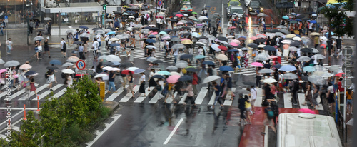 日本の東京都市景観・雨・渋谷駅前のスクランブル交差点