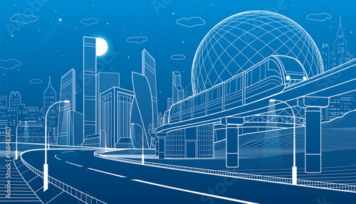 City infrastructure and transport illustration. Monorail railway. Train move over flyover. Spherical building. Modern night city. Airplane fly. Towers and skyscrapers. White lines. Vector design art