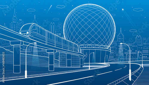 City infrastructure and transport illustration. Monorail railway. Train move over flyover. Spherical building. Modern night city. Airplane fly. White lines on blue background. Vector design art
