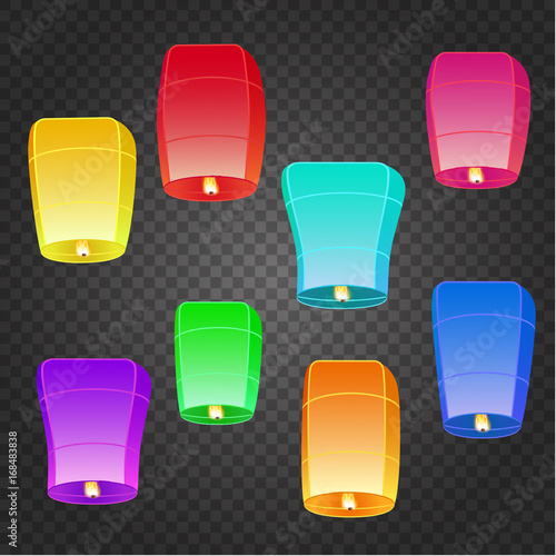 Sky lantern set. Colorful chinese balloons on transparent background. Traditional asian lamps. Isolated vibrant sky lantern. For festival invitation, birthday, party celebration.