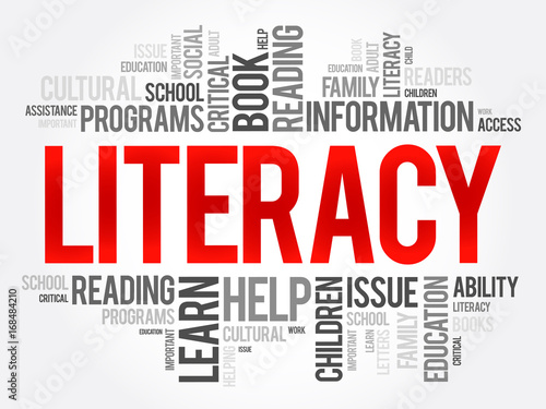 Literacy word cloud collage, education concept background