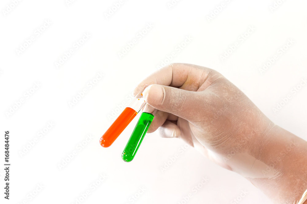 Scientists holding a test tube on a white background.