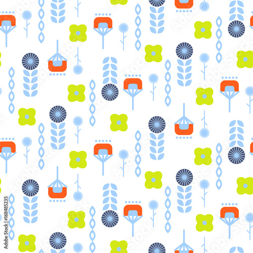 Abstract folk floral art pattern seamless vector background. Bright blue and green flowers for print on textile.