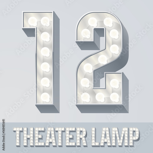Vector light up white alphabet, Theater lamp graphic font. Numbers 1 2
