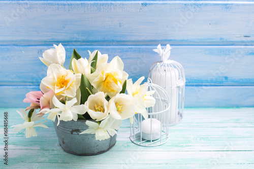 Fototapeta Naklejka Na Ścianę i Meble -  White daffodils and tulips  flowers in bucket and candles in decorative candleholders