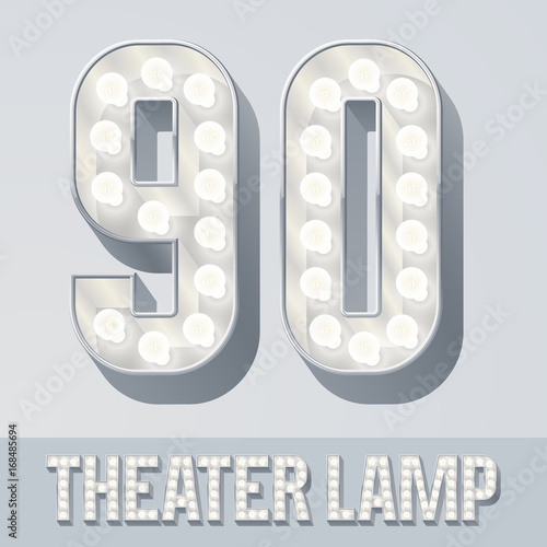 Vector light up white alphabet, Theater lamp graphic font. Numbers 9 0