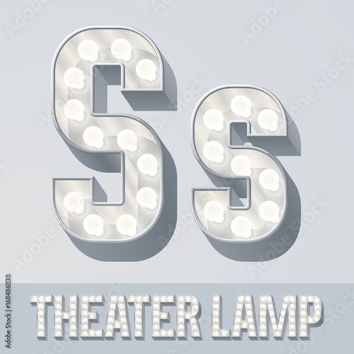 Vector light up white alphabet, Theater lamp graphic font. Letter S