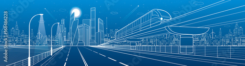 City infrastructure transport panorama. Monorail railway. Train move over flyover. Modern night city. Airplane fly. Towers and skyscrapers. White lines on blue background, vector design art