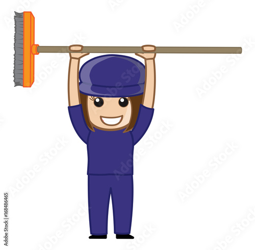 Happy Cartoon Female Sweeper with Broom Vector