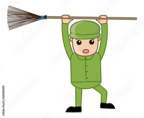 Funny Cartoon Sweeper with Broom Vector