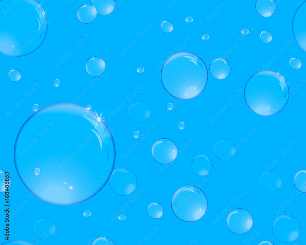 Soap bubbles with reflections on a blue background