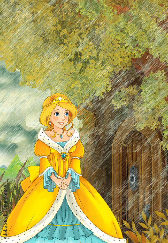 Cartoon fairy tale scene with a young girl princess going to the tree house during rain - illustration for children
