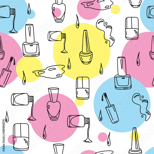 Nail polish hand drawn doodles for beauty salon. Paint seamless pattern with sketchy nail polish jars, spills and drops with colorful circles. Cosmetic and manicure background for nail bar