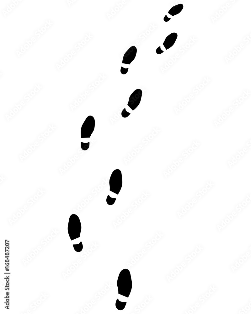 Trail of shoes prints on a white background, turn right Trail of shoes prints on a white background, turn right