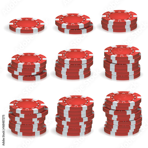 Red Poker Chips Stacks Vector. 3D Realistic Set. Plastic Poker Gambling Chips Sign Isolated On White Background. Casino Jackpot, Success Illustration.