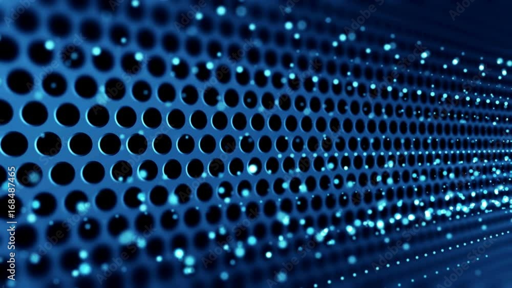 Perforated sheet metal with moving particle effect. 4K UHD intro video loop animation. Perforated sheet metal with moving particle effect. 4K UHD intro video loop animation.