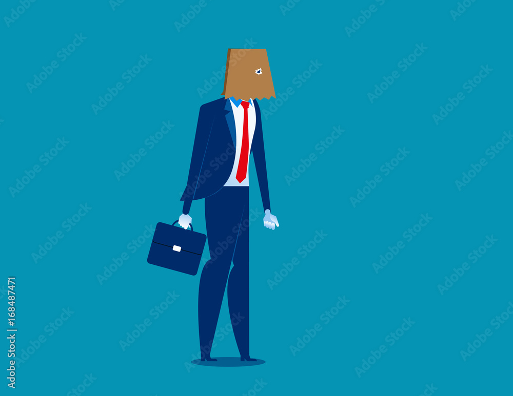 Businessman hidden identity paper bag head. Concept business vector illustration. Character flat. Businessman hidden identity paper bag head. Concept business vector illustration. Character flat.