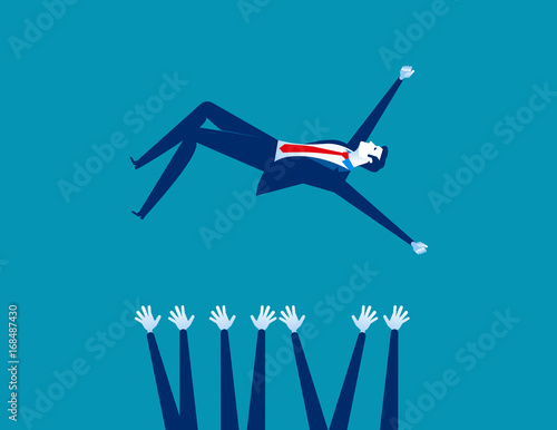 Business team throwing man into the air. Concept business vector illustration.