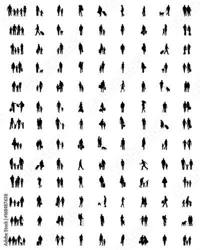 Black silhouettes of people at walking on a white background