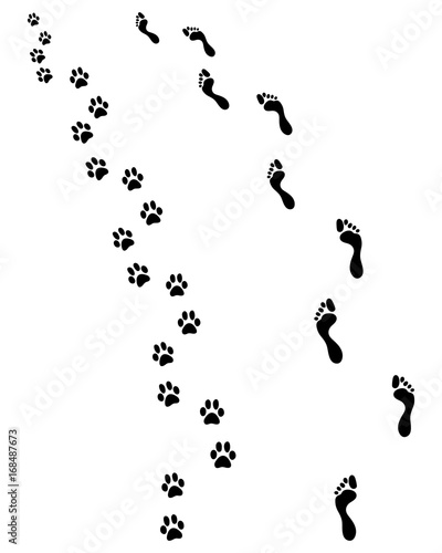 Footprints of man and dog, turn left