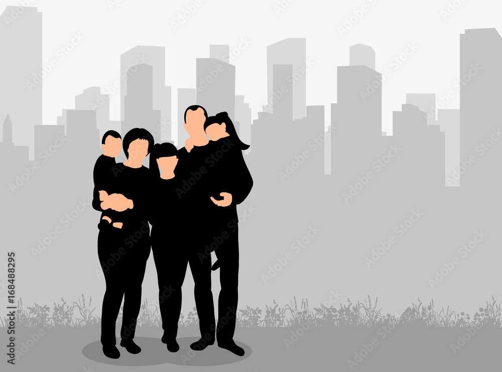 Vector, isolated, silhouette of family on city background Vector, isolated, silhouette of family on city background