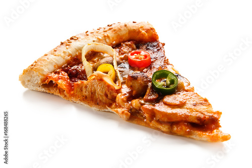 Piece of pepperoni pizza with chicken and vegetables