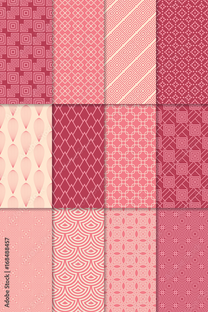 Red geometric seamless patterns. Large set
