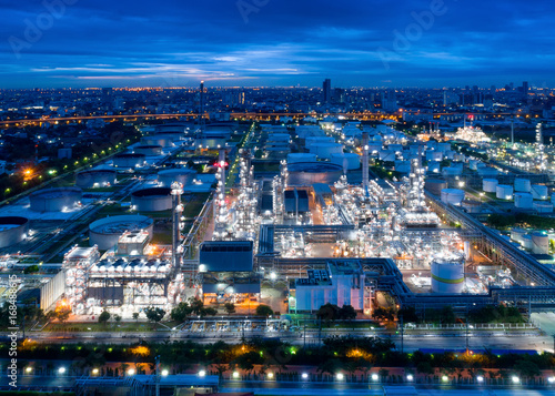 Aerial view of twilight of oil refinery ,Shot from drone of Oil refinery and Petrochemical plant at dusk , Bangkok, Thailand © Getty Gallery