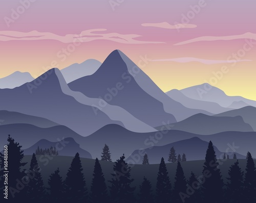 Nature landscape background with silhouettes of mountains