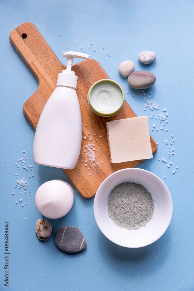 Beauty spa relax salon day flatlay with clay, sea salt, cream, soap Beauty spa relax salon day flatlay with clay, sea salt, cream, soap