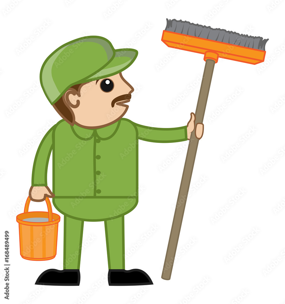 Cartoon Adult Sweeper Character Holding Broom Stock Vector | Adobe Stock