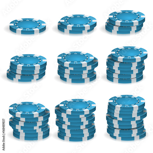 Blue Poker Chips Stacks Vector. 3D Realistic. Round Poker Game Chips Sign Isolated On White. Casino Big Win Concept Illustration.