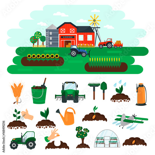 Agriculture color flat icons set. Farm color illustration for web and mobile design