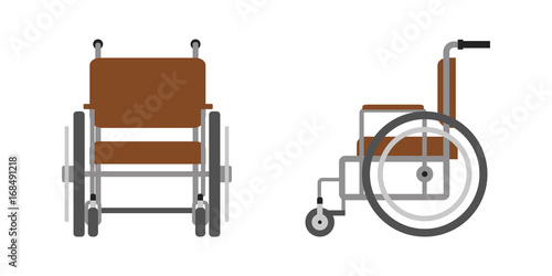 Vector set of wheelchair for disabled person, front, side view