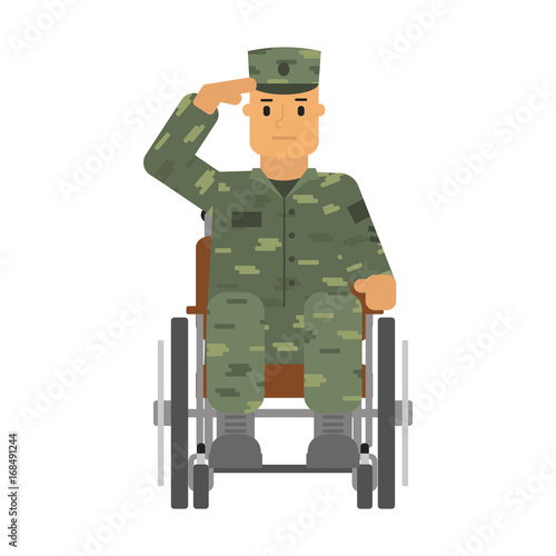 Vector illustration saluted soldier in wheelchair isolatedon white background