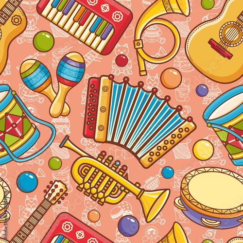 Musical instrument seamless pattern. Cartoon style