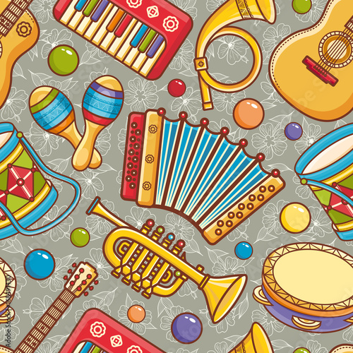 Musical instrument seamless pattern. Cartoon style