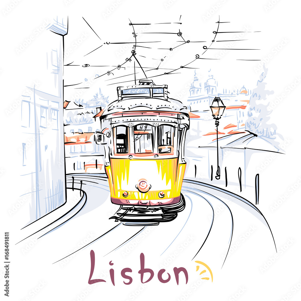 Vector Scenic city view of Famous vintage yellow 28 tram on street of Alfama, the oldest district of the Old Town, Lisbon, Portugal. - obrazy, fototapety, plakaty 