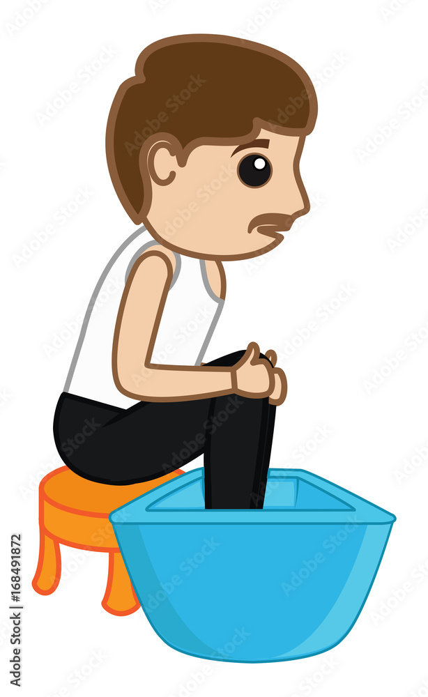 Cartoon Adult Man Putting Legs in Water Tub Cartoon Adult Man Putting Legs in Water Tub