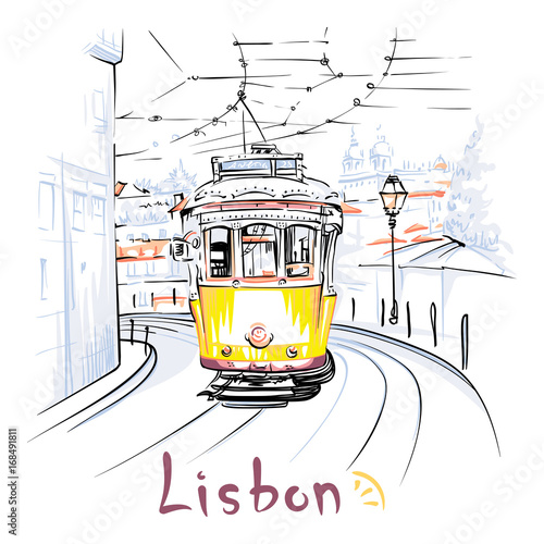 Vector Scenic city view of Famous vintage yellow 28 tram on street of Alfama, the oldest district of the Old Town, Lisbon, Portugal.