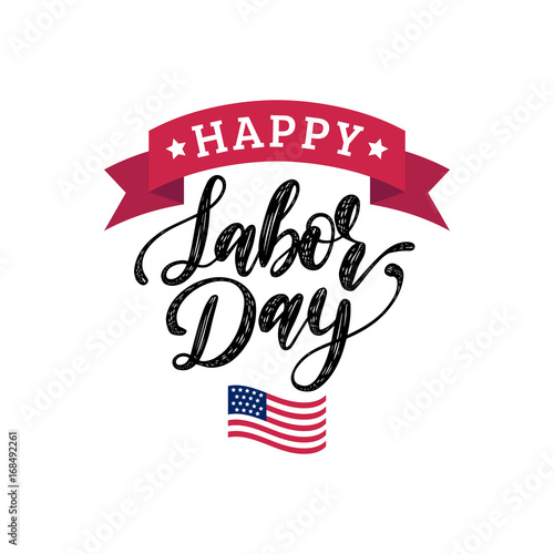 Vector Labor Day greeting or invitation card. American holiday illustration with USA flag. Poster with hand lettering.