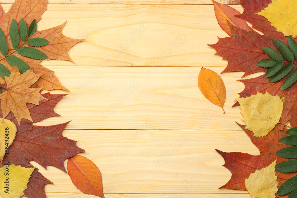 autumn background with colored leaves on wooden board. top view with copy space